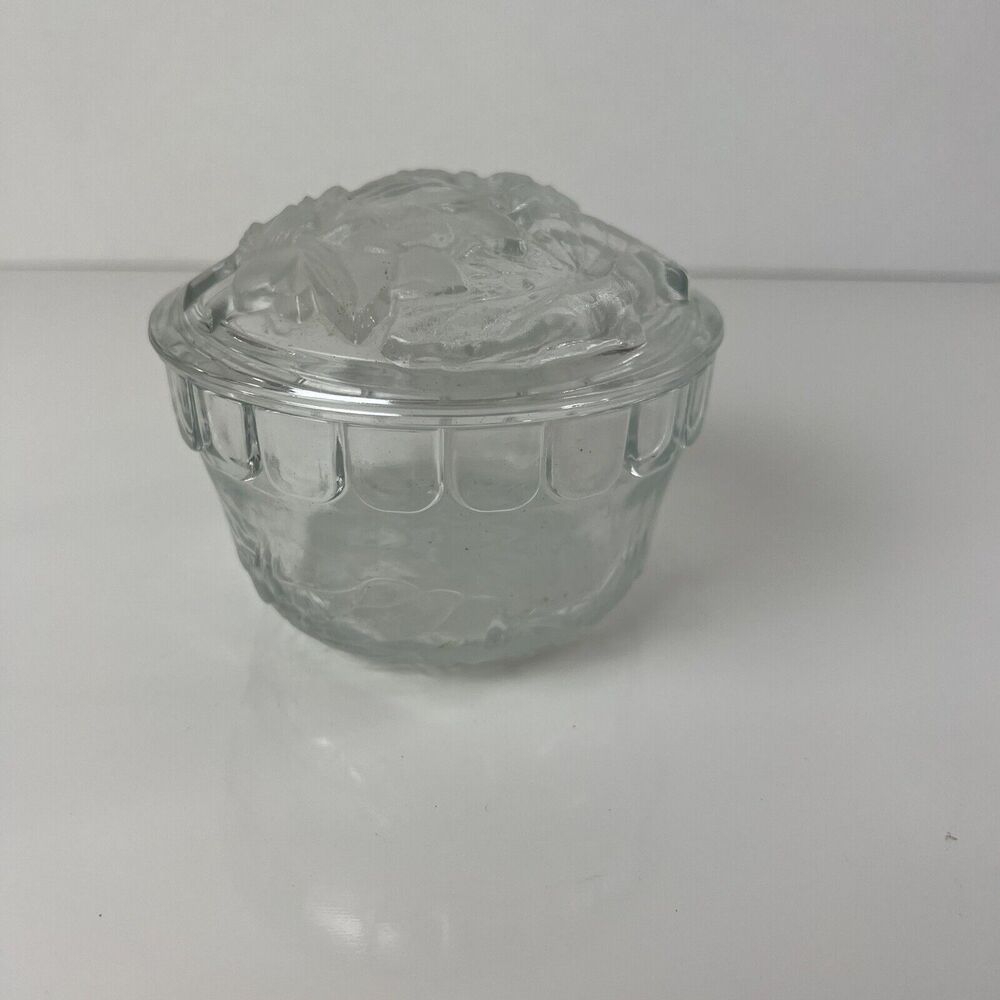 Vintage Glass Candy Trinket Dish Frosted Flower Design With Lid